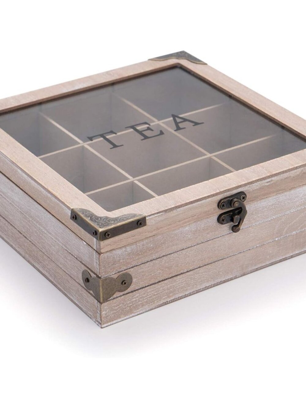 Tea Box Organizer, Rustic Tea Bag Storage with Clear Lid